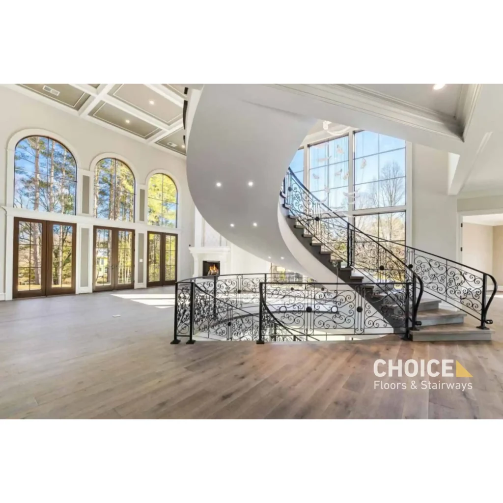a large room with a spiral staircase and choice floors and stairways written on the bottom